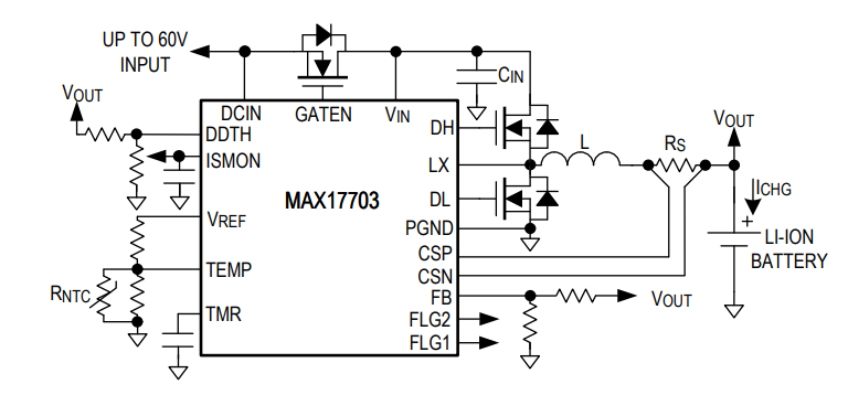 Schema di circuito di applicazione - Analog Devices / Maxim Integrated Controller caricabatterie agli ioni di litio MAX17703
